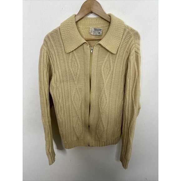 Vintage White Ram Cable Knit Woman M Wool Cardigan Zip Fisherman 70s - Picture 1 of 7